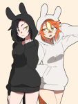  2girls air_shakur_(umamusume) animal_ears animal_hood black_hair black_hoodie bottomless breasts closed_mouth commentary_request cowboy_shot dicta_striker_(umamusume) expressionless eyebrow_piercing face_piercing fake_animal_ears grey_hoodie highres ho_1000_ka hood hood_up hoodie horse_girl horse_tail looking_at_viewer medium_breasts multiple_girls open_mouth orange_eyes orange_hair piercing rabbit_ears rabbit_hood short_hair simple_background small_breasts tail umamusume yellow_background 