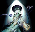  1girl black_hat buttons closed_mouth collared_shirt commentary diamond_button disembodied_linked_eye eyeball frilled_shirt_collar frilled_sleeves frills frown green_eyes green_hair green_skirt hat heart heart_of_string highres keikeikeicha komeiji_koishi long_sleeves shirt short_hair skirt sleeves_past_fingers sleeves_past_wrists solo spotlight touhou wide_sleeves yellow_shirt 