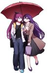  2girls absurdres alternate_costume alternate_eye_color alternate_hair_color alternate_hairstyle aubrey_(faraway)_(omori) aubrey_(omori) bag black_pants black_skirt blue_eyes blue_ribbon blush bright_pupils brown_coat closed_mouth coat collarbone double-parted_bangs earrings hair_behind_ear hair_between_eyes hair_ribbon hand_in_pocket handbag highres holding holding_umbrella jacket jewelry long_hair long_sleeves looking_at_another mari_(faraway)_(omori) mari_(omori) multiple_girls necklace omori open_clothes open_coat open_jacket open_mouth pants pink_hair ponytail purple_eyes purple_hair ribbon shared_umbrella shoes sidelocks simple_background skirt smile sneakers star_(symbol) star_earrings umbrella white_background white_jacket white_pupils zhentan10806 