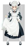  1girl alternate_costume apron black_dress black_shoes blush border bouhuman closed_mouth dress enkichan_(bouhuman) enmaided frills full_body grey_background grey_hair hand_on_own_hip highres holding_own_skirt horns juliet_sleeves long_sleeves looking_at_viewer maid maid_apron maid_headdress mary_janes neck_ribbon oni original pantyhose puffy_sleeves red_eyes red_ribbon ribbon shoes short_hair simple_background solo standing wavy_mouth white_apron white_border white_hair white_pantyhose 