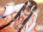  1boy 1girl black_hair black_pubic_hair blush breasts censored commentary_request cum cum_in_pussy feet_out_of_frame female_pubic_hair girl_on_top grabbing_another's_breast groping hetero highres horns japanese_clothes kimono large_breasts long_hair male_pubic_hair mosaic_censoring open_mouth original penis pipa_(pipasuta) pubic_hair pussy red_eyes sex skin-covered_horns solo_focus squatting squatting_cowgirl_position textless_version vaginal white_kimono wide_sleeves 