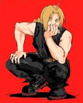  1boy ahoge belt black_pants black_shoes black_tank_top blonde_hair braid braided_ponytail brown_belt chalian105 curtained_hair edward_elric elbow_on_knee full_body fullmetal_alchemist hand_on_own_chin hand_on_own_knee long_hair male_focus pants red_background shoes simple_background solo tank_top toned toned_male 