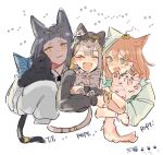  3girls animal animal_ear_hood animal_ears animalization arknights black_hair black_jacket brown_hair cat cat_ears cat_girl character_name closed_eyes commentary_request ete_(vacation_ete) extra_ears fang green_eyes highres holding holding_animal holding_cat hood hood_up hug jacket long_hair multiple_girls open_clothes orange_hair papyrus_(arknights) paw_print pepe_(arknights) person_and_animalization sleeves_past_fingers sleeves_past_wrists smile tail titi_(arknights) white_jacket yellow_eyes 