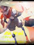  104_(artist) 1boy anniversary bat_wings black_eyes bokura_no_taiyou boots brown_hair brown_shorts carrying_over_shoulder chain closed_mouth coffin copyright_name dated django_(boktai) dragging english_text full_body grey_eyes highres holding letterboxed long_sleeves male_focus medium_hair red_scarf scarf shorts solo sun sunlight translation_request wings 