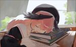  1girl a_shika beret black_hat black_shirt black_wings blue_archive body_markings book book_stack commentary curtains desk drooling feathered_wings gibberish_text halo hat head_rest head_wings indoors intentionally_missing_halo koharu_(blue_archive) long_hair missing_halo mouth_drool open_mouth paper pink_hair sailor_collar school_desk shirt sleeping solo twintails white_sailor_collar window wings 
