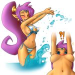  1girl absurdres beach bikini blue_eyes blush breasts breasts_apart closed_eyes dark_skin day highres hips looking_at_viewer looking_down medium_breasts navel nipples ocean open_mouth ponytail pudgeruffian purple_hair shantae:_half-genie_hero shantae_(character) shantae_(series) sky smile solo splashing striped striped_bikini surprised swimsuit wardrobe_malfunction 