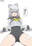  1girl animal_ears animal_hat arknights arknights:_endfield ass_visible_through_thighs bandaid bandaid_on_cheek bandaid_on_face bed_sheet black_bodysuit blue_eyes blunt_bangs blush bodysuit breasts commentary_request covered_navel crop_top estella_(arknights) fingerless_gloves gauze gauze_on_leg gauze_on_thigh gloves grey_hair hat highres leaning_back long_sleeves medium_hair open_mouth puffy_long_sleeves puffy_sleeves reclining shirt sidelocks simple_background sitting solo spicy_moo spread_legs sweat thighs white_hat white_shirt 
