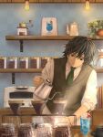  1boy alternate_costume black_hair black_vest closed_mouth commentary_request green_necktie hair_between_eyes highres holding holding_kettle indoors kettle kimetsu_no_yaiba kuu9373 long_hair low_ponytail male_focus necktie plant ponytail potted_plant shirt solo spiked_hair steam sunlight tomioka_giyuu twitter_username upper_body vest white_shirt 