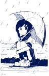  1girl blue_theme closed_mouth commentary_request fubuki_(kancolle) full_body hatching_(texture) highres holding holding_umbrella kantai_collection kneehighs linear_hatching looking_at_viewer ma_rukan monochrome outdoors pleated_skirt rain shadow shirt shoes short_hair sidelocks skirt socks solo squatting umbrella white_background 