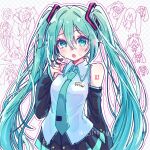  1girl aqua_eyes aqua_hair aqua_necktie aqua_trim artist_name bare_shoulders black_skirt black_sleeves collared_shirt commentary_request detached_sleeves doodle_background esinoinu hair_between_eyes hair_intakes hair_ornament hatsune_miku headset highres long_hair looking_at_viewer necktie number_tattoo open_mouth pleated_skirt shirt shoulder_tattoo skirt sleeveless sleeveless_shirt sweat tattoo tie_clip twintails twitter_username upper_body very_long_hair vocaloid white_shirt wing_collar 