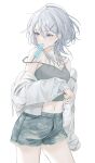  1girl absurdres arm_at_side armpit_crease bare_shoulders blue_eyes blue_shorts breasts camisole cleavage clothes_down commentary_request contrapposto cowboy_shot denim denim_shorts earrings food food_in_mouth food_wrapper grey_camisole grey_hair hair_between_eyes hair_ornament hairclip highres holding jewelry long_hair long_sleeves looking_to_the_side mameko_(l8_w3) medium_breasts midriff mole mole_under_eye mouth_hold navel necklace open_clothes open_shirt original popsicle popsicle_in_mouth shirt short_shorts shorts simple_background sleeves_past_wrists solo sweat turning_head white_background white_shirt 