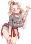  1girl absurdres blonde_hair blue_shorts blush breasts brown_eyes chaisia_art clothes_around_waist commentary english_commentary glasses grey_shirt heart highres holding holding_phone jacket jacket_around_waist jewelry large_breasts lips multicolored_hair necklace nina_(chaisia_art) original patreon_username phone plaid_clothes plaid_jacket red_hair red_nails red_streaks shirt shorts solo streaked_hair vans white_background 
