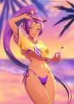  1girl absurdres adjusting_eyewear arm_up beach bikini blue_eyes breasts cloud cosplay cover_bikini_girl_(gta_vi) cover_bikini_girl_(gta_vi)_(cosplay) cover_bikini_girl_(gta_vi)_(pose) crop_top crop_top_overhang cropped_shirt cup dark-skinned_female dark_skin drinking_glass earrings english_commentary eyewear_lift eyewear_on_head grand_theft_auto grand_theft_auto_vi highres holding holding_cup hoop_earrings jewelry long_hair looking_at_viewer master_sick_art medium_breasts navel ocean outdoors pointy_ears ponytail pose_imitation purple_bikini purple_hair shantae shantae_(series) shirt sky smile solo sunglasses swimsuit very_long_hair water yellow_shirt 