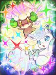  alolan_vulpix blue_eyes full_body happy looking_at_viewer no_humans open_mouth outstretched_arms pawpads pokemon pokemon_(creature) runachikku sparkle spread_arms whimsicott yellow_eyes 