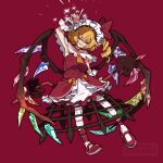  1girl adapted_costume ascot blonde_hair blush commentary_request crystal crystal_wings drill_hair fingernails flandre_scarlet frilled_wrist_cuffs frills full_body grin hair_between_eyes highres holding holding_weapon laevatein_(touhou) leally_big_rice long_fingernails looking_at_viewer multicolored_wings off-shoulder_shirt off_shoulder one_side_up red_eyes red_nails red_shirt red_shoes red_skirt red_wrist_cuffs sharp_fingernails shirt shoes skirt skirt_set smile solo touhou touhou_gensou_eclipse watermark weapon wings wrist_cuffs yellow_ascot 