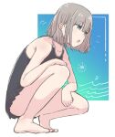  1girl bare_legs barefoot black_one-piece_swimsuit blue_eyes collarbone commentary from_side full_body grey_hair hand_on_own_knee idolmaster idolmaster_shiny_colors looking_ahead one-piece_swimsuit open_mouth school_swimsuit serizawa_asahi short_hair solo squatting sun_symbol swimsuit swimsuit_skirt tairanoabokado 