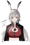  1girl absurdres animal_ears arknights artist_name black_jacket breasts character_name cleavage commentary_request completion_time cropped_shirt grey_hair highres jacket large_breasts light_smile long_hair nanami_alice official_alternate_costume open_clothes open_jacket red_eyes red_shirt shirt signature simple_background solo squirrel_ears squirrel_girl surfer_(arknights) surfer_(by_the_lamplight)_(arknights) upper_body very_long_hair white_background 