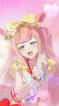  1girl :d absurdres agnes_digital_(full-color_fangirling)_(umamusume) agnes_digital_(umamusume) animal_ears bead_bracelet beads blue_eyes bow bracelet chinese_commentary commentary hair_bow hako_(misheyes) heart highres horse_ears horse_girl interlocked_fingers jewelry long_hair open_mouth own_hands_clasped own_hands_together pink_background pink_hair shirt sleeveless sleeveless_shirt smile solo twintails umamusume upper_body white_shirt wrist_cuffs yellow_bow 