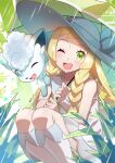  1girl :d ;d alolan_vulpix blonde_hair blush braid commentary_request dress forest grass green_eyes hat highres kneehighs lillie_(pokemon) long_hair looking_at_viewer nature on_shoulder one_eye_closed open_mouth outdoors pokemon pokemon_(creature) pokemon_on_shoulder pokemon_sun_and_moon rain sleeveless sleeveless_dress smile socks squatting sun_hat taisa_(lovemokunae) twin_braids umbrella white_dress white_hat 