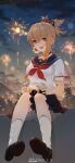  1girl absurdres alternate_costume artist_name black_sailor_collar black_skirt blurry blurry_background chinese_commentary commentary_request dated fang fireworks genshin_impact highres kneehighs loafers neckerchief night open_mouth outdoors red_neckerchief sailor_collar school_uniform shirt shoes short_hair short_sleeves sitting skirt sky smile socks solo swkl:d teeth upper_teeth_only white_shirt white_socks yoimiya_(genshin_impact) 
