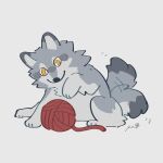 absurdres animal_focus bright_pupils commentary full_body grey_background highres motion_lines no_humans original playing red_yarn rinrinwolf signature simple_background tail tail_wagging white_pupils wolf yarn yarn_ball yellow_eyes 