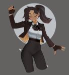  ! 1girl artist_name belt black_pants black_suit character_request commentary dancing english_commentary fingerless_gloves gloves grey_background motion_lines necktie original overshirt pants ponytail psuede shirt signature simple_background solo suit undershirt white_shirt 