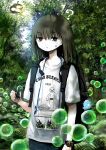  1girl ? absurdres animal backpack bag bag_charm black_bag bracelet brown_eyes brown_hair bubble bug_cage bug_hunting charm_(object) commentary_request cowboy_shot dappled_sunlight day english_text fern forest giba_ryan highres holding holding_animal jewelry looking_at_viewer medium_hair nature original outdoors print_shirt shirt short_sleeves solo stag_beetle standing sunlight sweat t-shirt watch white_shirt wristwatch 