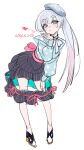  1girl absurdres beret black_skirt blowing_kiss blue_eyes blue_hat blue_shirt carrion1129 cho_kaguya-hime! closed_mouth colored_inner_hair commentary_request dated full_body hat highres long_hair multicolored_hair pink_eyes pink_hair runami_yachiyo shirt side_ponytail simple_background skirt solo white_background white_hair 