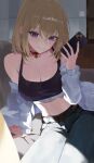  1girl absurdres bang_dream! bang_dream!_it's_mygo!!!!! belt black_sports_bra blonde_hair breasts brown_belt cellphone choker cleavage commentary grey_pants hair_between_eyes haizou_bingsan highres holding holding_phone jacket medium_hair midriff misumi_uika nail_polish navel official_alternate_costume open_clothes open_jacket open_mouth pants phone pink_nails purple_eyes red_choker smartphone solo sports_bra white_jacket 