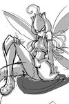 1girl artist_request bandai digimon dress fairy fairy_wings female flying lillymon looking_at_viewer monochrome sitting smile wings 