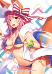  absurdres animal_ears bikini blue_bikini blush bow bracelet breasts cowboy_shot ears_through_headwear fate/extra fate/grand_order fate_(series) fox_ears fox_shadow_puppet fox_tail hands_up hat hat_bow highres jacket jewelry large_breasts long_hair looking_at_viewer navel open_clothes open_jacket open_mouth orange_ribbon page_number pink_hair ribbon scan shiny shiny_skin side-tie_bikini smile solo standing striped striped_bow sun_hat swimsuit tail tamamo_(fate)_(all) tamamo_no_mae_(swimsuit_lancer)_(fate) thighhighs thighs towel towel_around_neck white_hat yellow_eyes yuuki_hagure 