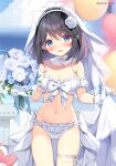  1girl ass_visible_through_thighs balloon bare_shoulders black_hair blue_eyes blush bouquet bra breasts bridal_lingerie bridal_veil bride cleavage cloud collar commentary_request flower gloves hair_flower hair_ornament heart_balloon holding holding_bouquet large_breasts lingerie looking_at_viewer ocean oniichan_continue! open_mouth outdoors pan_(mimi) panties shirayuki_yuuri sky smile solo underwear veil water white_bra white_collar white_gloves white_panties 