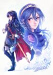 1girl absurdres armor artist_name blue_boots blue_cape blue_eyes blue_gloves blue_hair boots brand_of_the_exalt bug butterfly cape closed_eyes closed_mouth commentary commission english_commentary fingerless_gloves fire_emblem fire_emblem_awakening flat_chest flower gloves hair_between_eyes highres long_hair long_sleeves looking_to_the_side lucina_(fire_emblem) multiple_views red_cape sheath sheathed shoulder_armor shuravf sword symbol_in_eye thigh_boots tiara two-tone_cape weapon white_background 