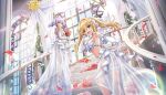  2girls bikini blonde_hair bouquet breasts bridal_bikini bridal_lingerie bridal_swimsuit bridal_veil bride dark-skinned_female dark_skin day dolphin_wave elbow_gloves flower flower-trimmed_bikini frilled_bikini frills game_asset gloves high_heels highres kazami_ellen lingerie long_hair looking_at_viewer medium_breasts multiple_girls non-web_source nontraditional_wedding_dress official_art on_stairs ootomo_takuji open_mouth pink_robe ponytail purple_hair reach-around red_eyes red_flower red_rose robe rose self-datamine short_hair short_ponytail smile souma_hayate stairs swimsuit tan twintails underwear veil white_bikini 