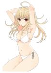  1girl ahoge arms_behind_head bikini blonde_hair breasts closed_mouth commentary_request halterneck highres long_hair looking_at_viewer medium_breasts navel nishikida_keishi original red_eyes side-tie_bikini_bottom simple_background solo string_bikini swimsuit triangle_bikini_top white_background white_bikini 
