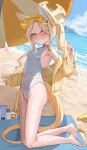  1girl absurdres animal_ear_fluff animal_ears barefoot beach beach_umbrella blonde_hair blue_archive breasts commentary_request covered_navel fox_ears fox_girl fox_tail halo harune_rane highleg highleg_one-piece_swimsuit highres jacket jacket_partially_removed kneeling looking_at_viewer nail_polish one-piece_swimsuit orange-tinted_eyewear outdoors pink_eyes pink_nails seia_(blue_archive) seia_(swimsuit)_(blue_archive) small_breasts solo swimsuit tail tinted_eyewear umbrella visor_cap white_one-piece_swimsuit yellow_halo yellow_jacket yellow_visor_cap 