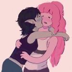  2girls adventure_time arms_around_neck black_hair blush colored_skin face-to-face fangs grey_skin highres hug long_hair marceline_abadeer medium_hair multiple_girls open_mouth pink_hair pink_skin pointy_ears ponytail princess_bonnibel_bubblegum tank_top vampire yumin yuri 
