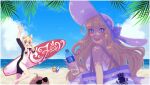  2girls :d absurdres anniversary arm_up azur_lane beach beach_bag blonde_hair blue_sky bottle cloud fang hat highres holding holding_bottle holding_surfboard long_hair looking_at_viewer manjuu_(azur_lane) multiple_girls outdoors purple_eyes queen_elizabeth_(azur_lane) royal_navy_emblem_(azur_lane) sand sidelocks sky smile spectacledartist sun_hat surfboard warspite_(azur_lane) water water_bottle waving white_hat 