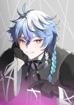  1boy absurdres black_bow black_bowtie black_gloves bow bowtie braid commentary gloves hair_ornament hairclip highres holostars holostars_english looking_at_viewer male_focus nesaki octavio pink_eyes puppet_strings smile suit upper_body virtual_youtuber white_hair 