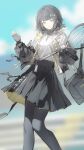  1girl absurdres arknights arknights:_endfield bag black_bag black_gloves black_hair black_jacket black_pantyhose black_skirt blue_eyes blurry blurry_background clothes_writing endministrator_(arknights) female_endministrator_(arknights) fingerless_gloves gloves hair_ornament hairclip highres holding holding_tennis_racket jacket long_sleeves looking_at_viewer luozhou_pile open_clothes open_jacket pantyhose racket shirt short_hair skirt smile solo tennis tennis_racket white_shirt 