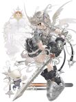  1girl angel_wings armor b0throps black_skirt boots breastplate cat choker gauntlets grey_hair hair_ornament highres holding holding_sword holding_weapon knight long_hair original shoulder_armor skirt spiked_armor spikes sword user_interface weapon white_background wings 