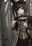  1girl bkn_ssss black_hair black_skirt bow chest_bow commentary_request cross forest grave hair_bow nature original outdoors pocket_watch red_eyes scissors skirt watch 