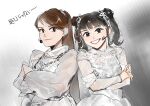  2girls animification black_eyes black_hair brown_hair closed_mouth commentary crossed_arms grin headset high_ponytail highres jewelry long_hair long_sleeves looking_at_viewer love_live! love_live!_sunshine!! multiple_girls naxuslighting necklace ponytail real_life saint_snow sato_hinata smile tano_asami translation_request twintails upper_body voice_actor 