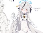  1girl alternate_costume animal_ears animal_print bell bikini black_hair blue_archive blue_halo blush breasts closed_eyes cow_print cow_print_bikini cowbell drink_carton elbow_gloves gloves grey_hair halo highres holding kokona_(blue_archive) korean_text long_hair looking_at_viewer mamyu_040 micro_bikini milk milk_carton multicolored_hair navel neck_bell open_mouth print_bikini simple_background sketch small_breasts streaked_hair swimsuit thighhighs tiger_ears very_long_hair white_background 