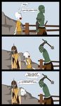  anthro clothed clothing comic dialogue english_text feline group hi_res humanoid humor khajiit kishna male mammal melee_weapon orc outside skyrim speech_bubble text the_elder_scrolls video_games vikozlav weapon 