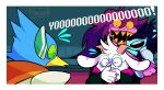  1girl 1other 2boys akanemnon androgynous animal_ears antenna_hair aqua_skin artist_name berdly_(dark_world)_(deltarune) berdly_(deltarune) bird_boy black_hair braces colored_sclera colored_skin colored_teeth commentary constricted_pupils covering_own_mouth deltarune embarrassed english_commentary english_text fangs flying_sweatdrops freckles furry furry_female furry_male glasses goat_boy goat_horns green-framed_eyewear green_sclera horns hug kris_(dark_world)_(deltarune) kris_(deltarune) long_hair looking_at_another multiple_boys mutual_hug open_mouth pink_eyes pink_horns pink_scales pink_scarf pink_skin proud purple_hair purple_skin ralsei reptile_girl round_eyewear scarf shaded_face sharp_teeth skin_fangs smile surprised susie_(dark_world)_(deltarune) susie_(deltarune) teeth upper_teeth_only utdr_(toby_fox) white_fur yellow_teeth 