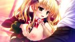  1boy 1girl ahoge belt black_belt black_pants black_ribbon black_sailor_collar blonde_hair bow bowtie breasts breasts_out bukkake buttons censored cropped_jacket cum cum_on_body cum_on_clothes cum_on_hair double-breasted evening facial game_asset gold_trim green_eyes hair_ribbon highres jacket lapels light_smile long_hair long_sidelocks long_sleeves mosaic_censoring nipples non-web_source official_art open_clothes open_jacket open_mouth paizuri pants penis pink_shirt prism_recollection! red_bow red_bowtie red_vest ribbon sailor_collar shintarou shirt sidelocks skirt sleeve_cuffs twintails uisaki_hinano vest white_shirt 