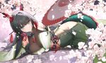  1girl arknights arknights:_endfield bare_shoulders black_gloves black_hair breasts closed_mouth commentary_request detached_sleeves dragon_girl dragon_horns dragon_tail eastern_dragon_horns eastern_dragon_tail gloves green_eyes green_hair green_pants highres horns large_breasts long_hair looking_at_viewer lying multicolored_hair oil-paper_umbrella on_side pants pear_blossoms pointy_ears red_hair red_horns smile solo tail umbrella z.m._(zimin) zhuang_fangyi_(arknights) 