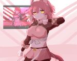  1girl ahoge animal_ears black_leggings black_shrug breasts brown_eyes brown_hair checkered_ribbon closed_mouth commentary_request dantsu_flame_(center_spotlight)_(umamusume) dantsu_flame_(umamusume) ear_covers ear_ribbon hair_between_eyes hairband highres horse_ears horse_girl horse_tail large_breasts leggings leggings_under_shorts looking_at_viewer midriff multicolored_hair navel notched_ear pink_hairband pink_shorts reya_p_d3 shirt shorts shrug_(clothing) solo tail tied_shirt umamusume white_hair 