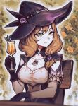  brown_hair capelet corset cup dress flower genshin_impact glass green_eyes hat hat_belt hat_flower highres holding holding_cup htsuyo_o lisa_(genshin_impact) low_neckline multicolored_dress purple_capelet purple_corset purple_flower purple_hat purple_rose rose solo vision_(genshin_impact) witch witch_hat 